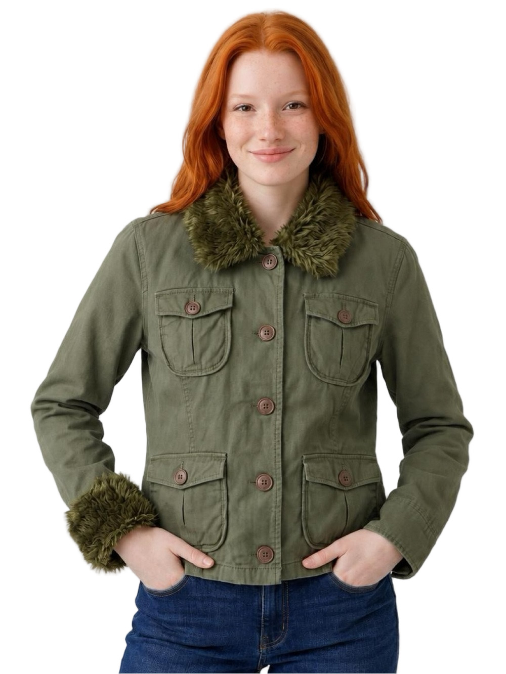 BEVERLY HILLS POLO CLUB Utility Jacket Faux Fur Collar Olive Green Women Size L